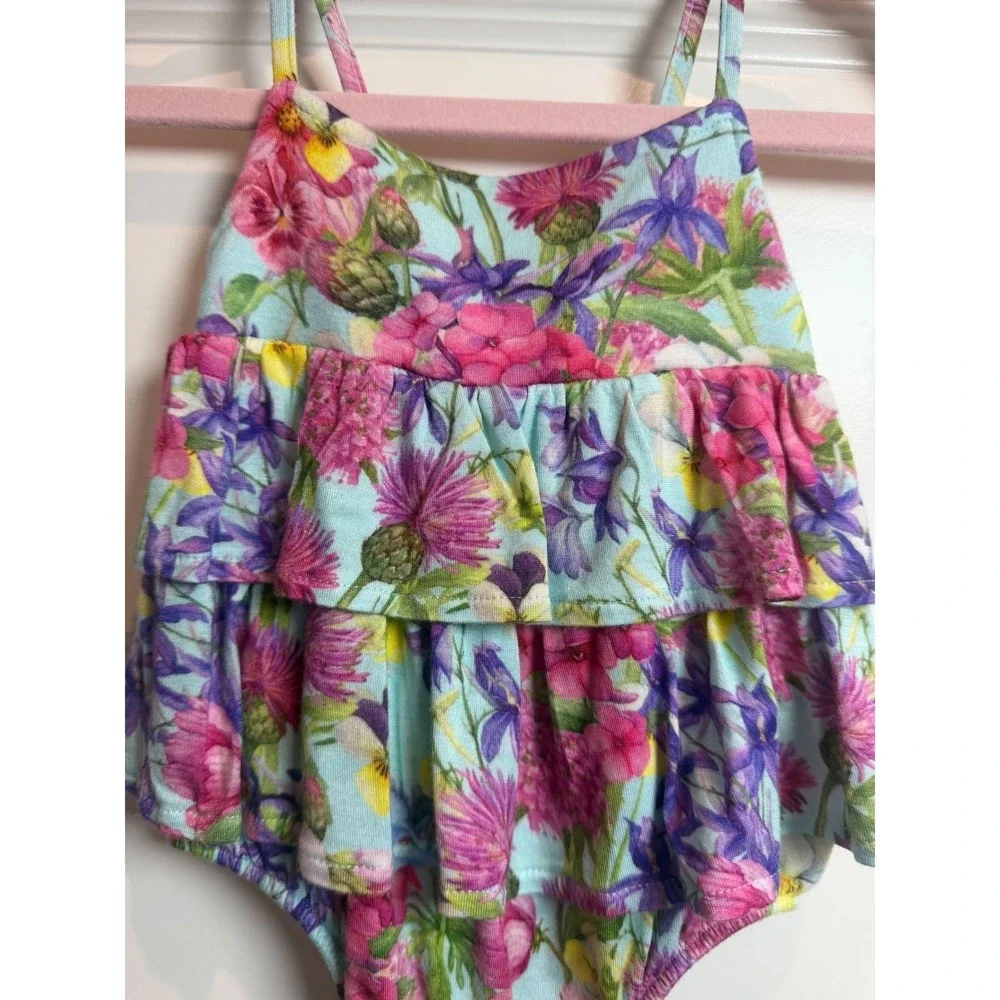 12. Posh Peanut Floral Ruffle Bodysuit Blue Pink Bamboo Viscose 3-6 Months